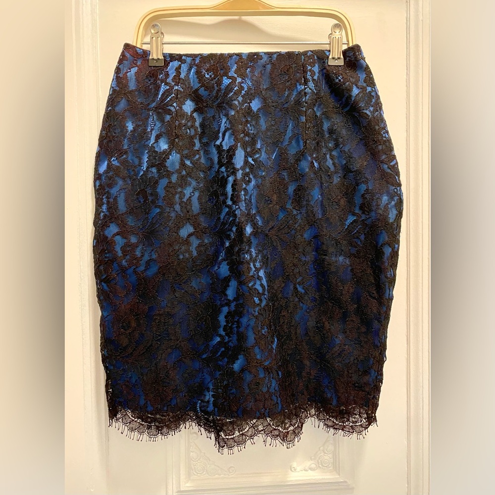 Vintage Jessica McClintock Black Lace on Blue Pencil Skirt | Size 6